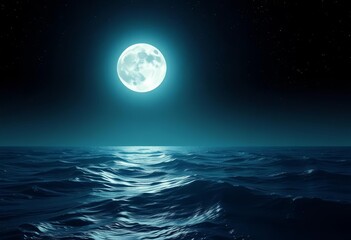 Dark ocean waves under a bright full moon and starlit sky, vast empty space, reflection, peaceful