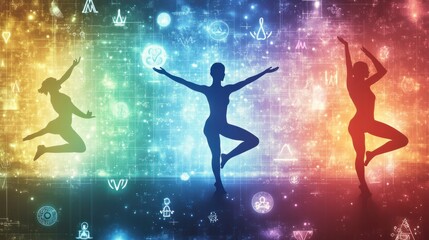 Obraz premium Silhouettes of Dancers Against Colorful Cosmic Background