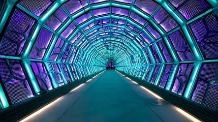 Futuristic pedestrian tunnel illuminated with vibrant teal and purple lights.