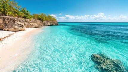 Crystal Clear Waters and Serene Beach Scene in Tropical Paradise with White Sand and Bright Blue Skies