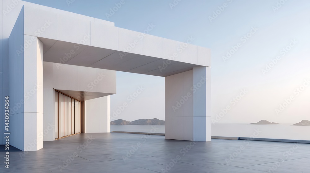 Poster 海と空を背景にした白い建築物の屋外ビュー 現代的なミニマリストデザイン 穏やかな環境と明るい光