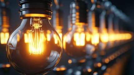 Industrial light bulb glowing in dark workshop