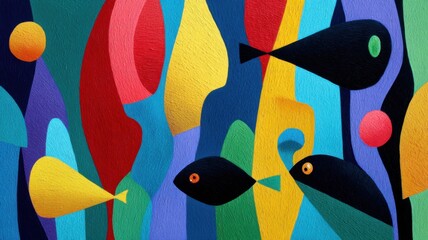 A colorful abstract painting featuring stylized fish and vibrant shapes, creating a lively underwater theme.