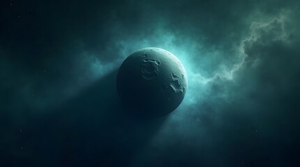 Eerie planet in cosmic nebula. Moody space scene with textured celestial body. Ideal for sci-fi, fantasy, and conceptual projects.