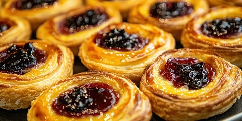 A variety of fresh Danish pastries on display in a pastry shop, each with a different filling and glossy finish