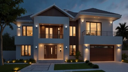Fototapeta premium Modern House at Dusk, Exterior View, Residential Architecture, Night Time