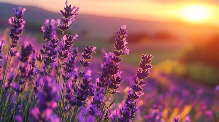 Naklejka premium Sunset Lavender Field: Serene Purple Blossoms at Golden Hour