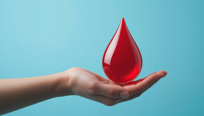 Hand holding a large drop 3D of blood, blood donation concept.