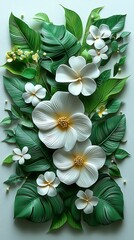 Tropical white floral arrangement with lush leaves high resolution images