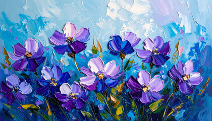 Rough palette knife oil painting of purple wild flowers. Floral design. Hand drawn botany art.