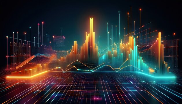 Stylized corporate analytics with colorful data points and graphs showing trends and performance.