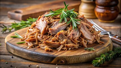 Pulled pork with rosemary on wooden board served as a main course , dinner, pork,  dinner, pork, delicious, meal