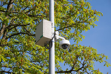 Surveillance camera mounted on utility pole in a park during a sunny day with green leaves in the background daylight