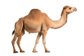 A full body shot of a light brown camel standing sideways against a black studio background space showing png