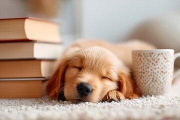 Golden retriever puppy sleeping peacefully next to a stack of books and a mug in a cozy setting