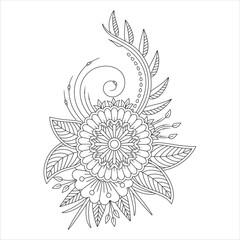Intricate floral mandala design with leaves and petals in black and white.
