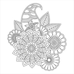 Intricate floral mandala design with paisley and leaf elements, black and white.