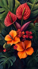 Vibrant jungle flowers and tropical leaves combination high resolution images