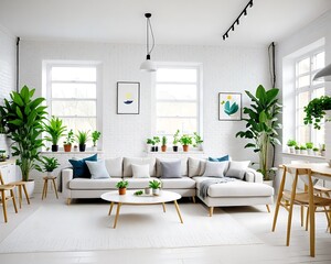 Offener Grundriss im modernen skandinavischen Stil mit Küche und Wohnzimmer. Ein heller und freundlicher Raum mit weißen Ziegelwänden, vielen Pflanzen und einem Sofa.