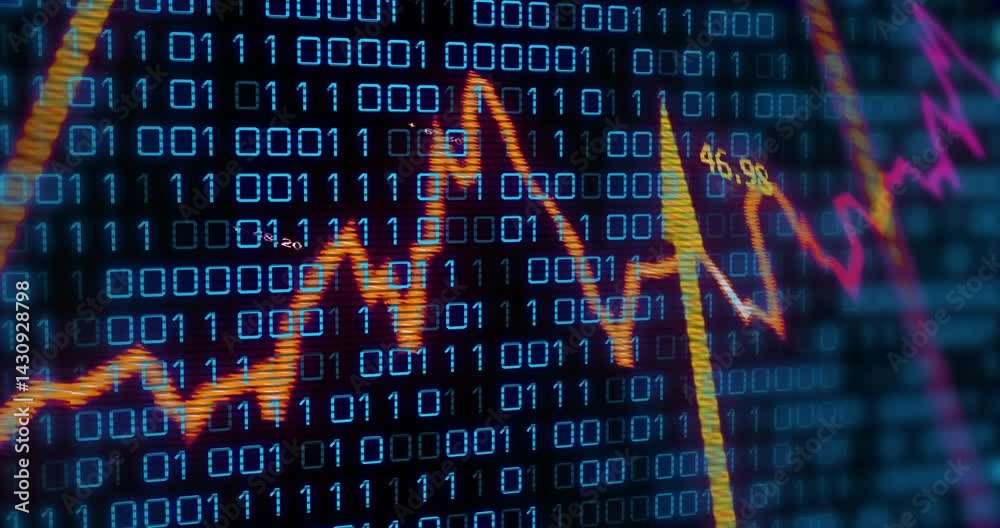 Poster jagged orange and pink line graph animating over neon blue binary code grid in flat design