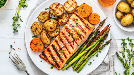Grilled salmon fillet served with potatoes asparagus and sweet potato on a white plate top view