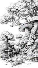 Whimsical mushroom village fantasy drawing high resolution picture