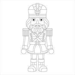 Black and white illustration of a traditional nutcracker soldier with a mustache, wearing a tall hat and uniform with epaulettes, standing upright.