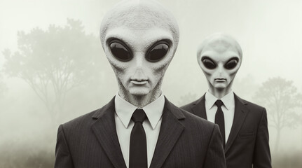 Two extraterrestrial agents in black suits standing in a misty forest