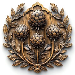 Wooden floral design with heraldic thistle accents high resolution images