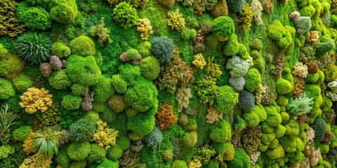 Naklejka premium Lush green moss wall covered in various types of mosses and lichens, with intricate patterns and textures , Indoor Garden, Wall Decoration