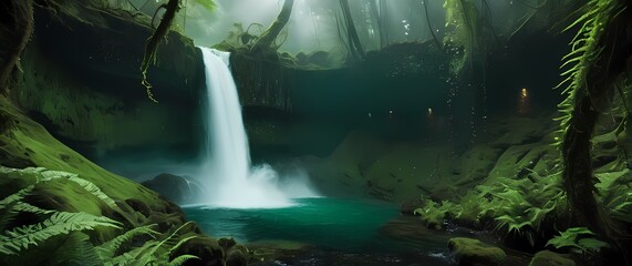 High cliff waterfall plunges into emerald waters surrounded by dense moss and ferns with mist rising