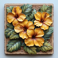 Yellow hibiscus floral tile artwork with leaves high resolution images