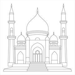 Line art of a mosque with domes and minarets, featuring a symmetrical design and stairs leading to the entrance.