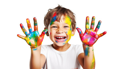 A happy young boy with paint on his face and hands smiling broadly at the camera with a white shirt on png