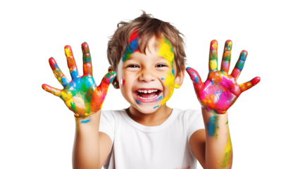 A happy young boy with paint on his face and hands smiling broadly at the camera with a white shirt on png
