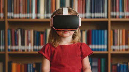 Child Enjoying Virtual Reality Experience in a Library Surrounded by Books