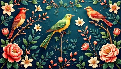 Delicate pattern with intricate birds and flowers, wallpaper, elegant, background