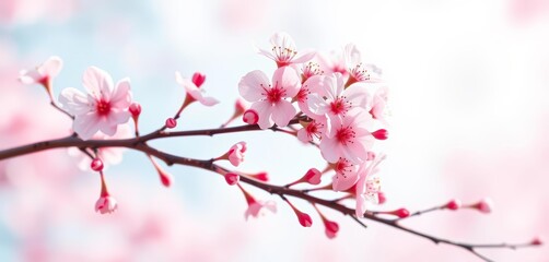 Delicate pink cherry blossom branch, soft watercolor wash, vibrant petals, gentle spring breeze, image, soft