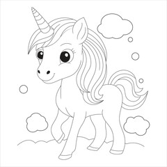 A cute cartoon unicorn with a spiraled horn, large expressive eyes, and flowing mane, surrounded by fluffy clouds and whimsical thought bubbles. Ideal for coloring activities.