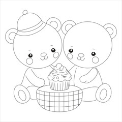 Two cute cartoon bears sitting together, sharing a cupcake on a checkered table. One bear wears a hat, both have cheerful expressions. Ideal for coloring books or playful designs.
