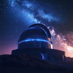 Modern observatory under a night sky filled with stars and the Milky Way