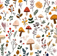 Autumn seamless pattern of mushrooms and forest plants