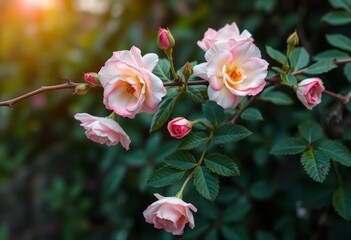 Delicate pink roses climb a thorny vine, petals unfurling, fragile, macro