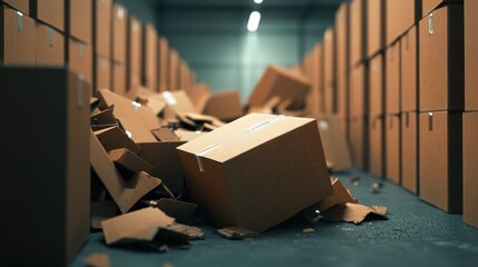 Fototapeta premium Messy Warehouse Scene with Broken Cardboard Boxes in an Industrial Storage Facility