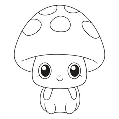 A cute, cartoon-style mushroom character with a large cap and a smiling face. The mushroom has a round shape, big eyes, and a small body, designed for coloring activities.