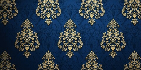 An elegant luxury wallpaper with intricate golden floral patterns on a deep blue background