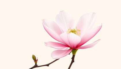 Obraz premium Delicate watercolor magnolia blossom in soft pink and white hues on a beige background, white magnolia, spring illustration