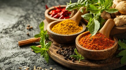 Colorful spices in wooden bowls with herbs and mortar