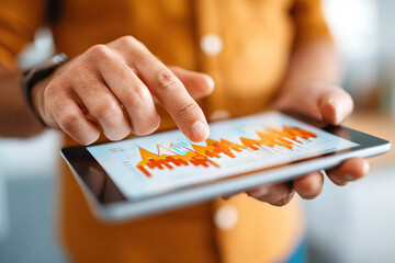 Using AI technology to analyze data on a hologram tablet while highlighting digital graphs
