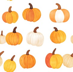 Autumn seamless pattern of pumpkins, acorns, and apples in shades of green, orange, and red on a white background